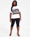 Bar Iii Trendy Plus Size Corset Graphic Crewneck T Shirt Pull On High Rise Stud Trim Capri Pants Exclusively In Deep Black