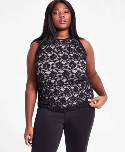 Bar Iii Trendy Plus Size Crewneck Sleeveless Lace Top, Exclusively At Macy's In Deep Black