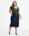 Bar Iii Trendy Plus Size Denim Midi Skirt, Exclusively At Macy's In Blue