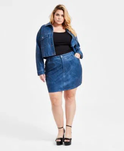BAR III TRENDY PLUS SIZE FAUX LEATHER DENIM CROPPED JACKET MINI SKIRT EXCLUSIVELY AT MACYS