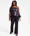 Bar Iii Trendy Plus Size Faux Leather Peplum Top Pull On Slit Hem Pants Exclusively At Macys In Deep Black