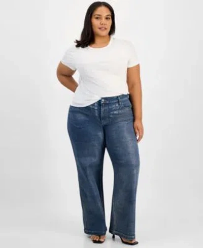 Bar Iii Trendy Plus Size Foiled Crewneck T Shirt High Rise Foiled Wide Leg Jeans Macys Exclusive In Blue