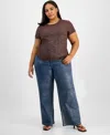 Bar Iii Trendy Plus Size Foiled Crewneck T-shirt, Macy's Exclusive In Brown