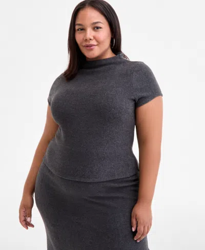 Bar Iii Trendy Plus Size Funnel Neck Short-sleeve Sweater, Macy's Exclusive In Gray