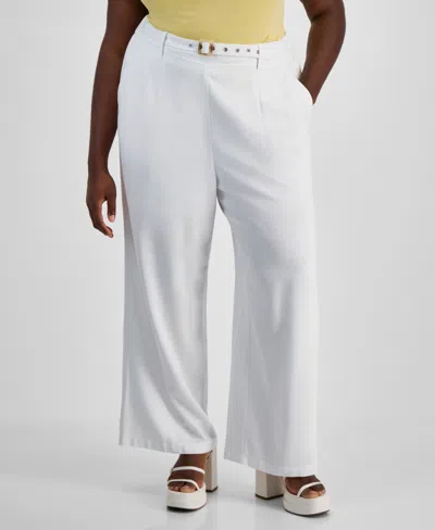 Bar Iii Trendy Plus Size Grommet-belt Wide-leg Pants, Created For Macy's In Bright White