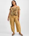 Bar Iii Trendy Plus Size Printed Cold Shoulder Ruffled Top High Rise Cotton Utility Pants Macys Exclusive In Brown