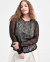 Bar Iii Trendy Plus Size Lace Sheer Long-sleeve Top, Macy's Exclusive In Black