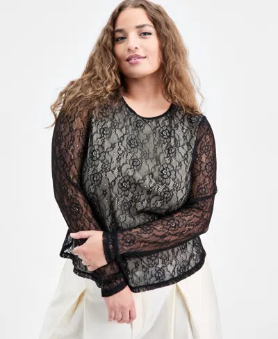Bar Iii Trendy Plus Size Lace Sheer Long-sleeve Top, Macy's Exclusive In Black
