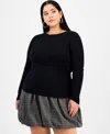 Bar Iii Trendy Plus Size Long Sleeve Ribbed Knit Top, Macy's Exclusive In Black