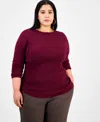 Bar Iii Trendy Plus Size Long Sleeve Ribbed Knit Top, Macy's Exclusive In Burgundy