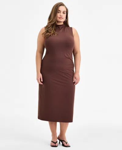 Bar Iii Trendy Plus Size Mock-neck Midi Dress, Exclusively At Macy's In Brown