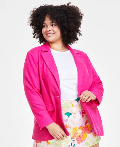 Bar Iii Trendy Plus Size One-button Linen Blazer, Created For Macy's In Pink Peacock
