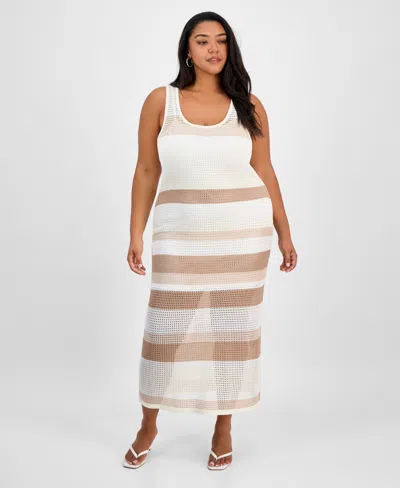Bar Iii Trendy Plus Size Open-stitch Striped Midi Dress, Exclusively At Macy's In Beige