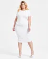 Bar Iii Trendy Plus Size Ponte Ruched Short-sleeve Midi Dress, Exclusively At Macy's In Crema