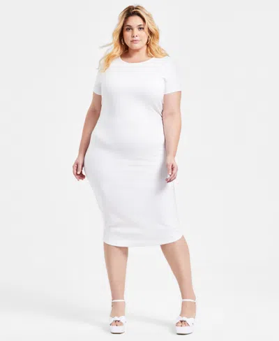 Bar Iii Trendy Plus Size Ponte Ruched Short-sleeve Midi Dress, Exclusively At Macy's In Crema