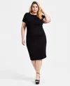 Bar Iii Trendy Plus Size Ponte Ruched Short-sleeve Midi Dress, Exclusively At Macy's In Deep Black