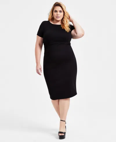 Bar Iii Trendy Plus Size Ponte Ruched Short-sleeve Midi Dress, Exclusively At Macy's In Deep Black