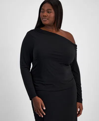 Bar Iii Trendy Plus Size Printed Asymmetric Drape Top, Exclusively At Macy's In Deep Black