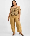 Bar Iii Trendy Plus Size Printed Cold Shoulder Ruffled Top High Rise Cotton Utility Pants Macys Exclusive In Brown
