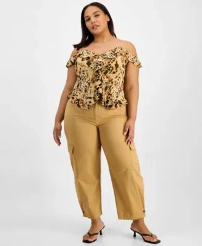 Bar Iii Trendy Plus Size Printed Cold Shoulder Ruffled Top High Rise Cotton Utility Pants Macys Exclusive
