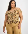 Bar Iii Trendy Plus Size Printed Cold Shoulder Ruffled Top High Rise Cotton Utility Pants Macys Exclusive In Brown