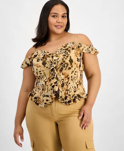 Bar Iii Trendy Plus Size Printed Cold-shoulder Ruffled Top, Macy's Exclusive