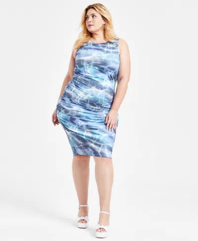 Bar Iii Women's Printed Sleeveless Crewneck Ruched Midi Dress, Exclusively At Macy's In Ombre Wave Blue