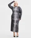 Bar Iii Trendy Plus Size Printed Mock-neck Midi Dress, Macy's Exclusive In Black