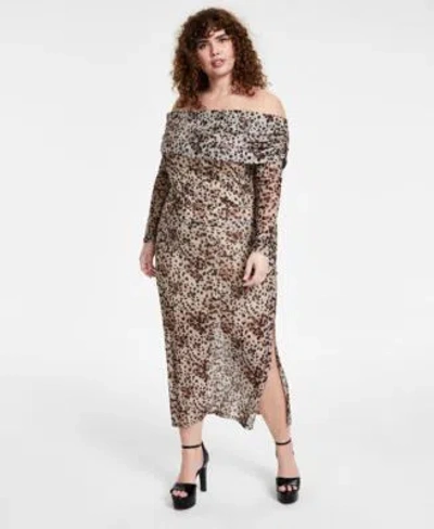 Bar Iii Trendy Plus Size Printed Off The Shoulder Mesh Top Cheetah Print Mesh Midi Skirt Created For Macys In Carly Cheetah