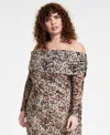 Bar Iii Trendy Plus Size Printed Off-the-shoulder Mesh Top, Created For Macy's In Carly Cheetah