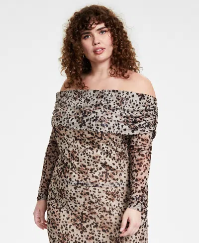 Bar Iii Trendy Plus Size Printed Off-the-shoulder Mesh Top, Created For Macy's In Carly Cheetah