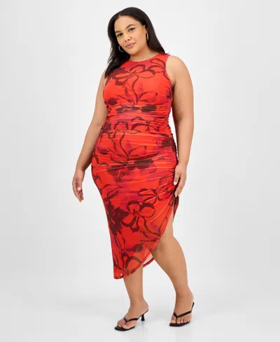 Bar Iii Trendy Plus Size Printed Shirred Midi Dress, Exclusively At Macy's