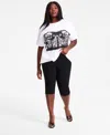 Bar Iii Trendy Plus Size Corset Graphic Crewneck T Shirt Pull On High Rise Stud Trim Capri Pants Exclusively In Deep Black