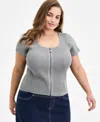 Bar Iii Trendy Plus Size Ribbed Zip-front Sweater, Exclusively At Macy's In Gray