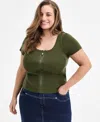 Bar Iii Trendy Plus Size Ribbed Zip-front Sweater, Exclusively At Macy's In Green