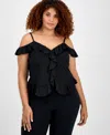 Bar Iii Trendy Plus Size Ruffled Cold-shoulder Mesh Top, Exclusively At Macy's In Black