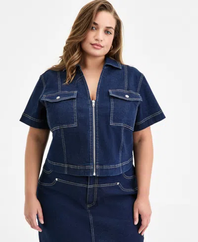 Bar Iii Trendy Plus Size Seamed Denim Zip-front Top, Exclusively At Macy's In Blue
