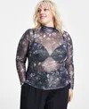 Bar Iii Trendy Plus Size Shine Mesh Mock-neck Top, Created For Macy's In Alex Dye B
