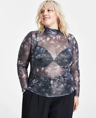 Bar Iii Trendy Plus Size Shine Mesh Mock-neck Top, Created For Macy's In Alex Dye B