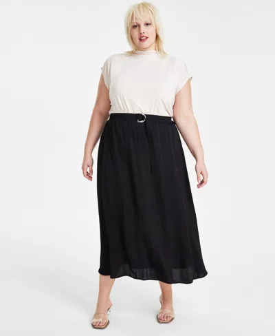 Bar Iii Trendy Plus Size Silky Belted Maxi Skirt, Created For Macy's In Deep Black