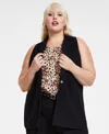 Bar Iii Trendy Plus Size Collared Vest Cheetah Print Sleeveless Jersey Top Grommet Belt Wide Leg Pants Creat In Deep Black