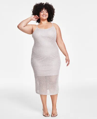 Bar Iii Trendy Plus Size Sleeveless Shine Midi Dress, Created For Macy's In Silver Drop