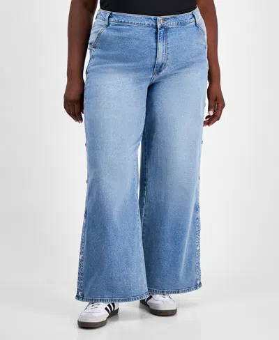 Bar Iii Trendy Plus Size Snap Track Jeans, Macy's Exclusive In Blue