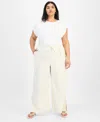 Bar Iii Trendy Plus Size Split-hem Wide Linen Pants, Exclusively At Macy's In Beach Sand