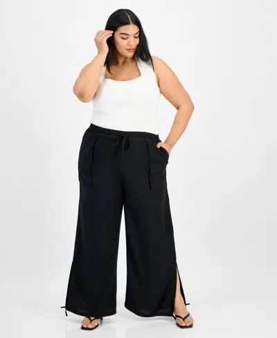 Bar Iii Trendy Plus Size Split-hem Wide Linen Pants, Exclusively At Macy's In Deep Black
