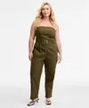 Bar Iii Trendy Plus Size Strapless Belted Utility Jumpsuit, Macy's Exclusive In Green