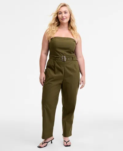 Bar Iii Trendy Plus Size Strapless Belted Utility Jumpsuit, Macy's Exclusive In Green