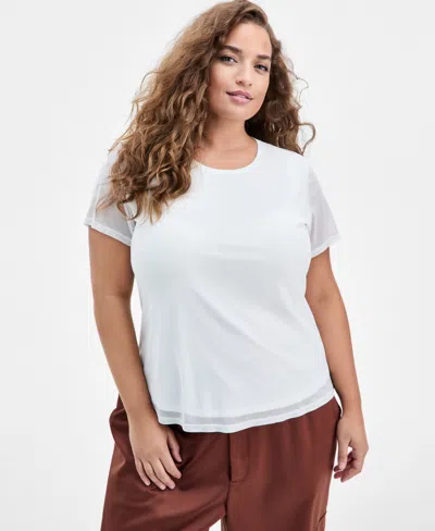 Bar Iii Trendy Plus Size Trendy Plus Size Mesh Short-sleeve Top, Macy's Exclusive In White