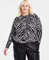 Bar Iii Trendy Plus Size Zebra-print Mock Neck Blouson Knit Top, Created For Macy's In Zebra
