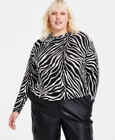 Bar Iii Trendy Plus Size Zebra-print Mock Neck Blouson Knit Top, Created For Macy's